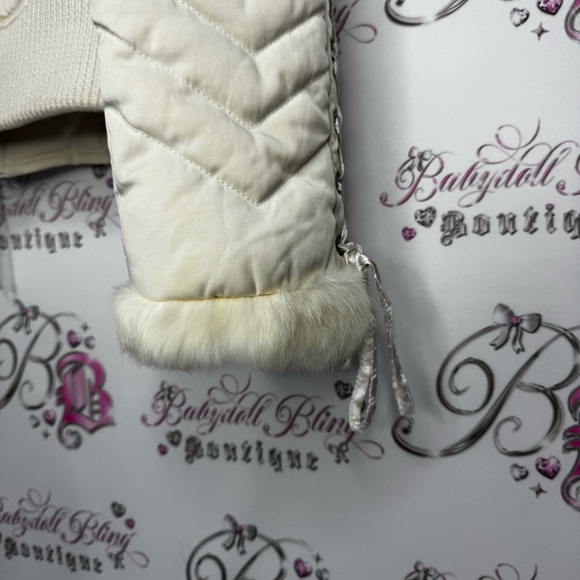 Bebe corset coat jacket snow bunny fur rabbit White Quilted Jacket Fur Trim hood - Picture 10 of 16